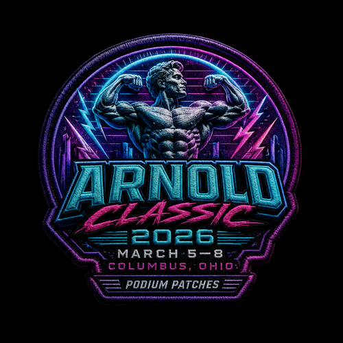 A circular embroidered patch design for the Arnold Classic 2026, featuring a flexing muscular man in a neon cyberpunk style with blue, purple, and pink colors on a black background.