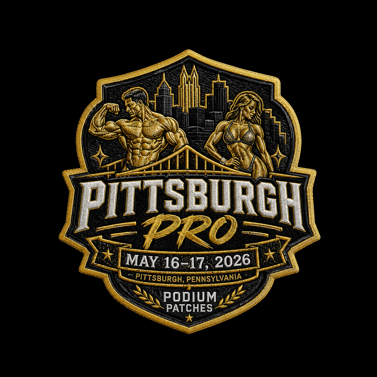 A shield-shaped embroidered patch for 'Pittsburgh Pro 2026' featuring two flexed bodybuilders, a bridge, and a city skyline, with text reading 'Pittsburgh Pro', 'May 16-17, 2026', 'Pittsburgh, Pennsylvania', and 'Podium Patches' on a black background.