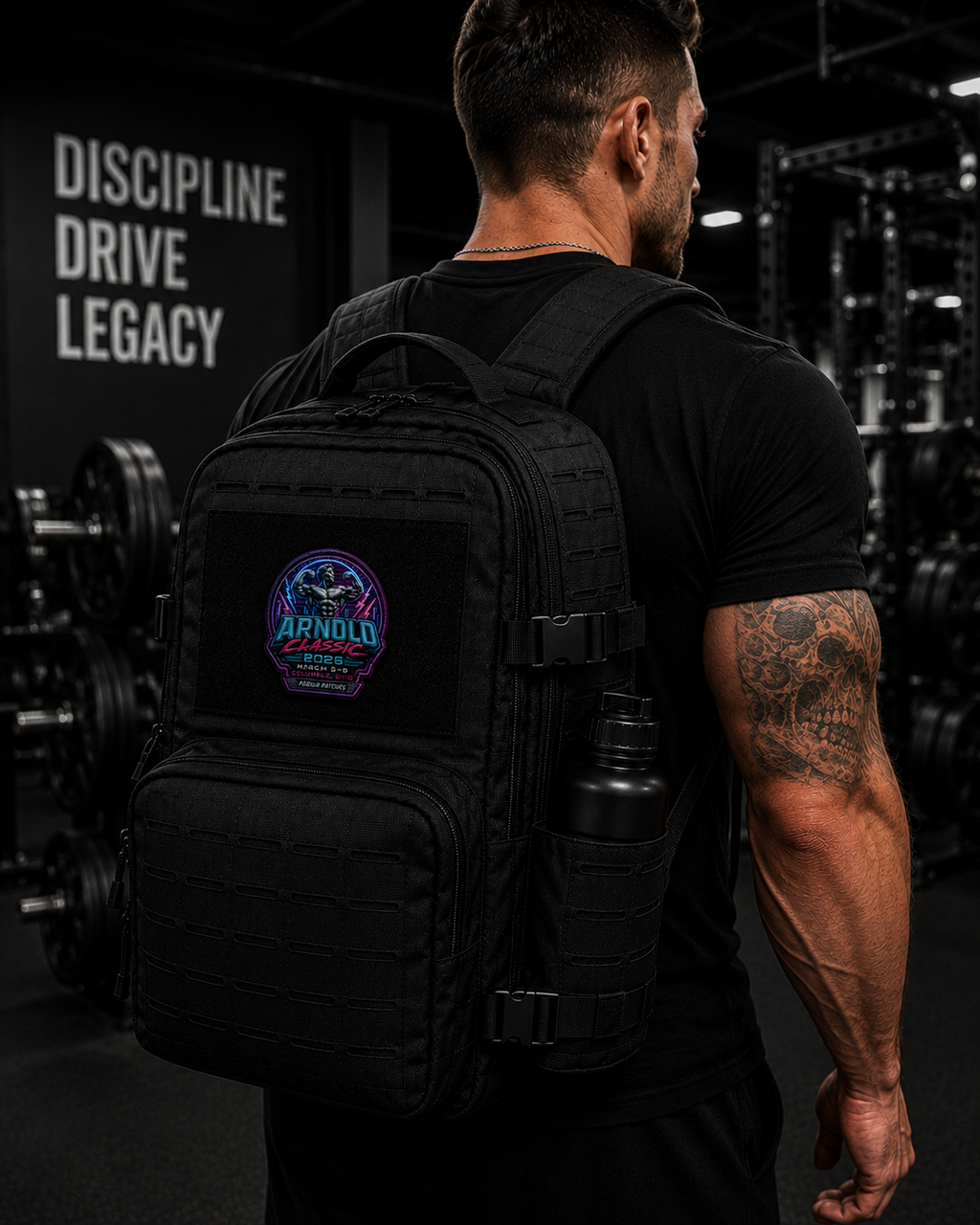 A man in a black t-shirt seen from behind in a gym, wearing a black tactical backpack with a circular 'The Arnold' logo patch on the front pocket and a water bottle in the side pocket.