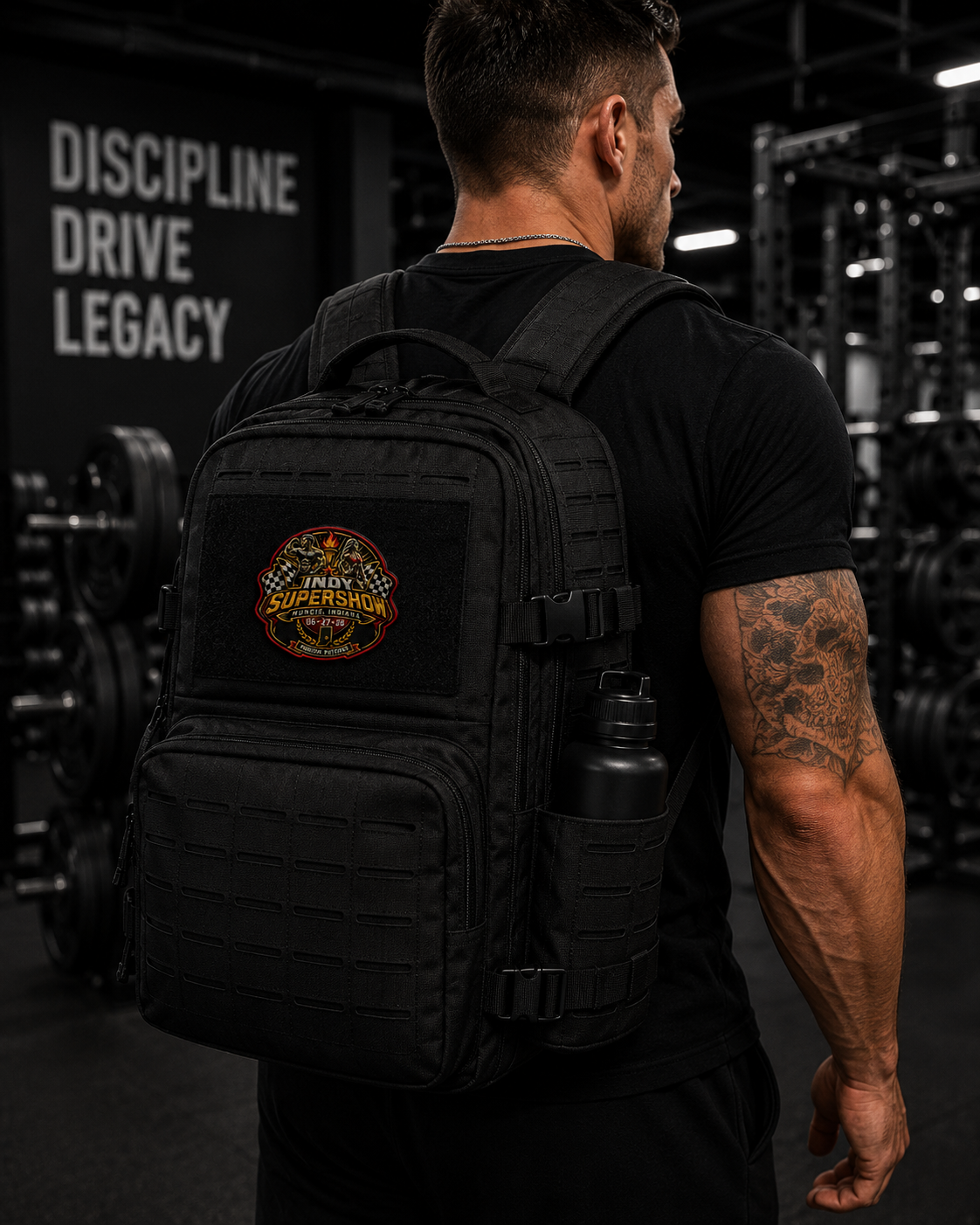 A man in a black t-shirt seen from behind wearing a black tactical backpack with a circular 'Indy 500' patch on the front. The backpack has a side bottle holder with a black water bottle and is set in a dark gym environment with weight racks in the background.