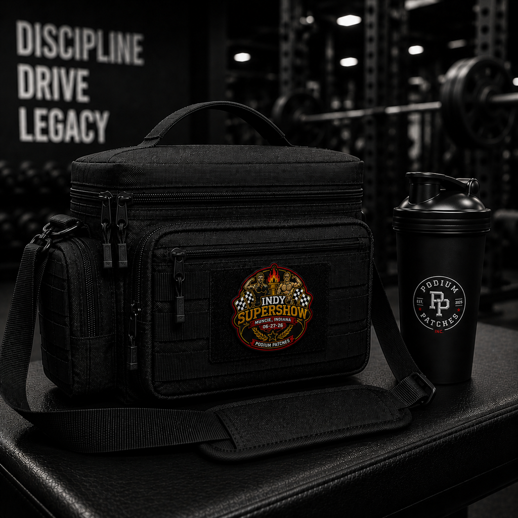 A black tactical-style shoulder bag with multiple zip compartments and a circular Indy Supershow patch on the front, displayed on a gym bench next to a black shaker bottle. The background shows a dark gym interior with weight racks and the text 'DISCIPLINE DRIVE LEGACY'.