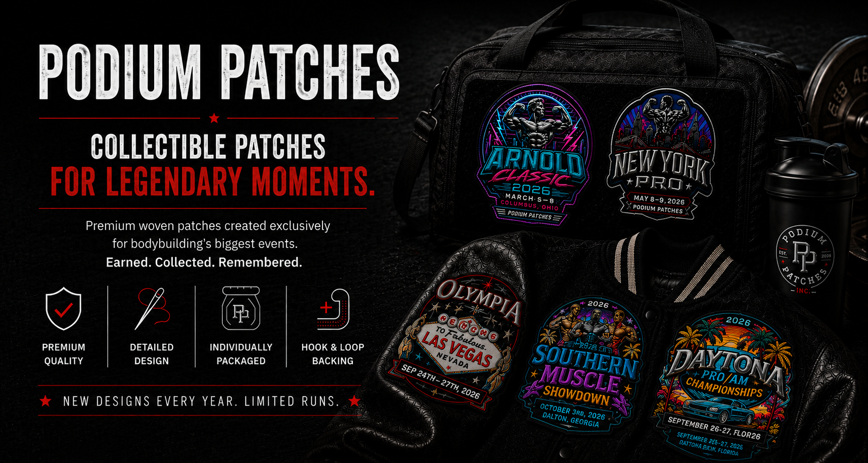 Promotional graphic for Podium Patches, showing several embroidered collectible patches on black athletic gear against a dark background. Visible patch designs include Arnold Palmer, New York Pro, Olympia, Southern Muscle Showdown, and Daytona 500.