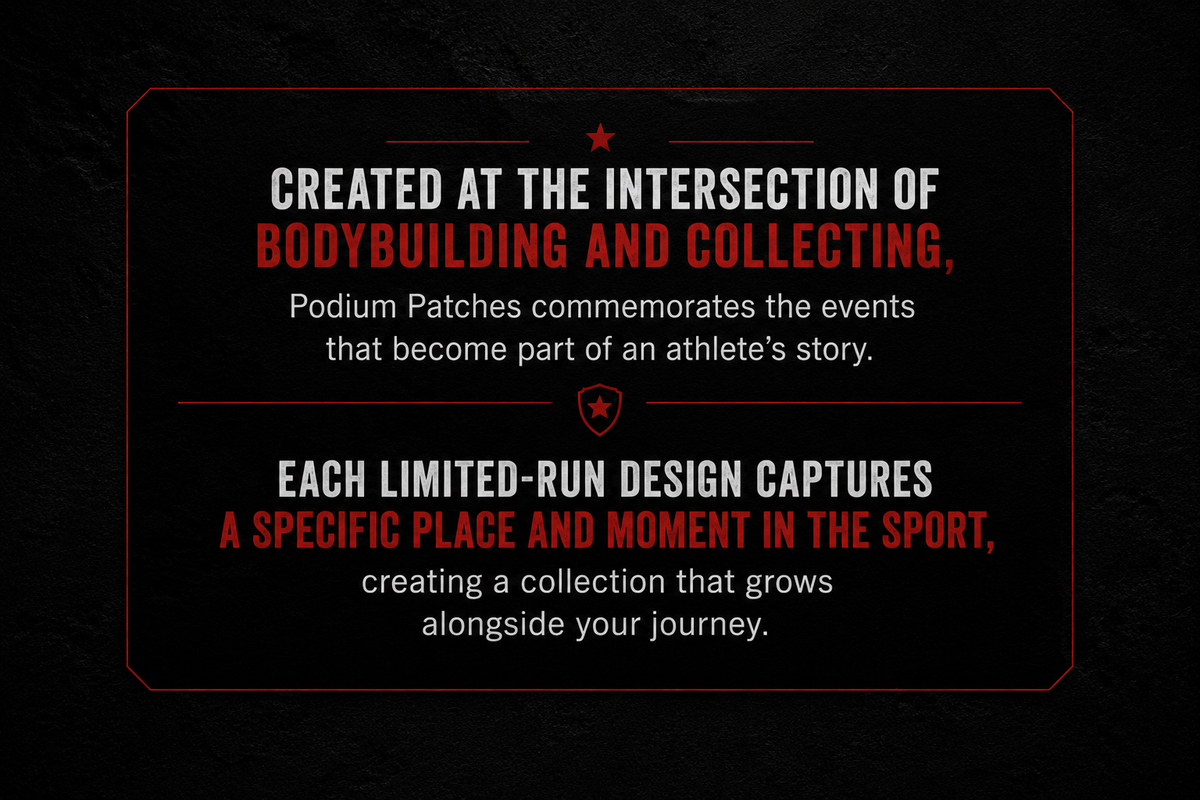 A black promotional graphic with red and white text explaining the brand's philosophy behind Podium Patches, featuring a red border and shield icon.
