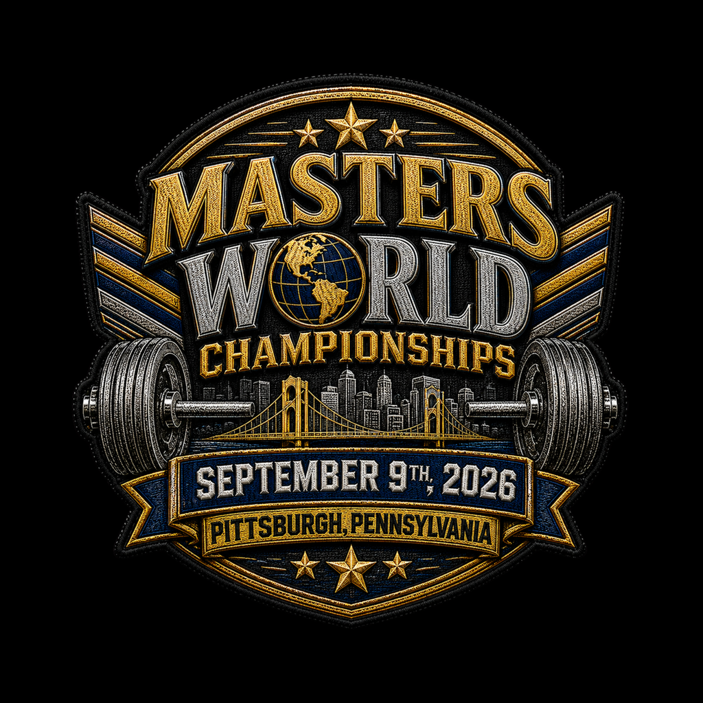 A circular embroidered-style graphic reading "Masters World Championships" with a barbell, city skyline, and banner text for September 9th, 2026, Pittsburgh, Pennsylvania, shown on a black background.