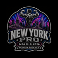 An embroidered patch design featuring a muscular flexing figure above a New York City skyline with a bridge, set against a purple and blue sunburst background. Large text reads 'NEW YORK PRO' with a banner below reading 'MAY 8-9, 2026' and 'PODIUM PATCHES'.