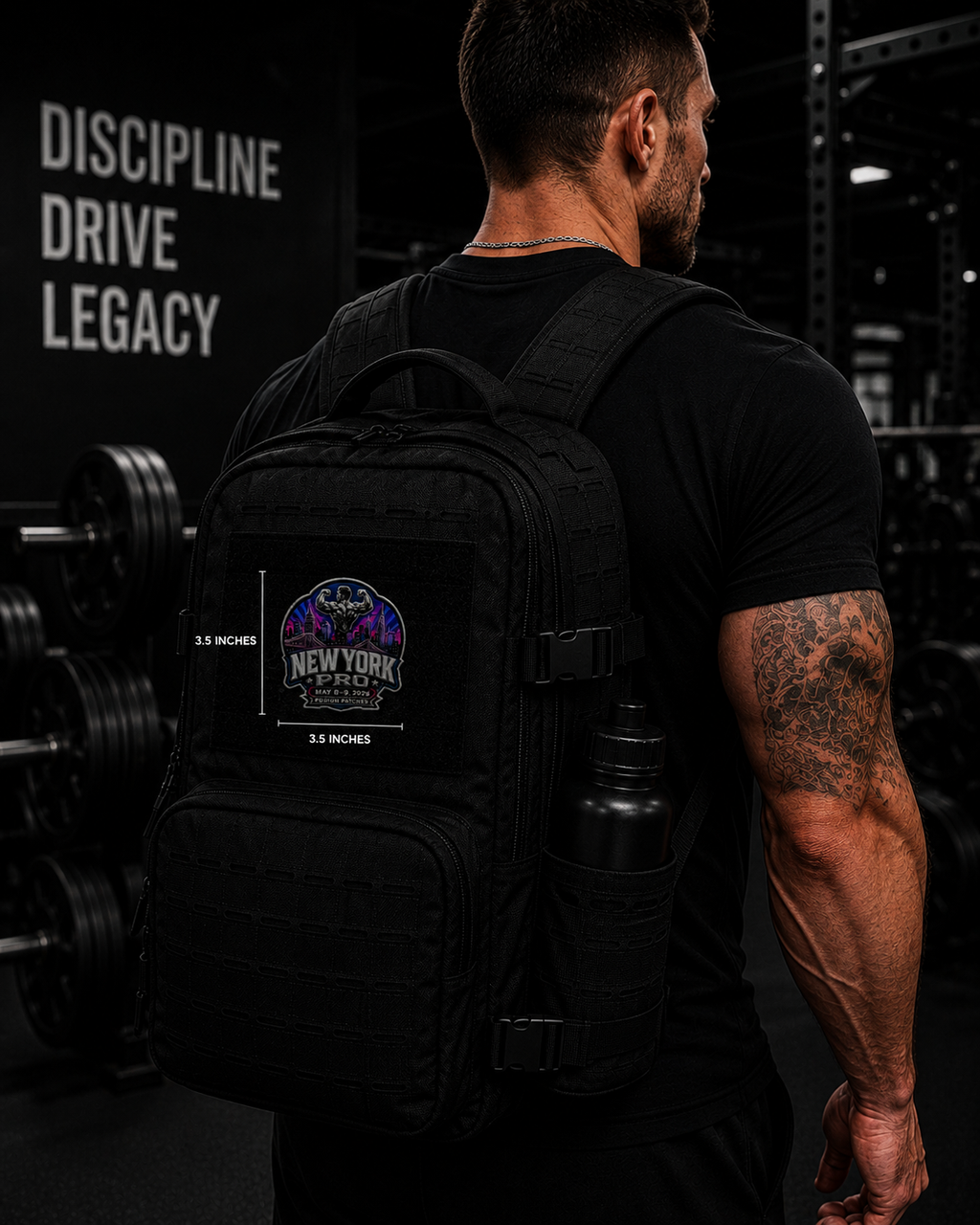 A man in a black t-shirt seen from behind wearing a black tactical backpack with a New York City skyline patch on the front pocket. The setting is a dark gym with weight plates visible in the background.