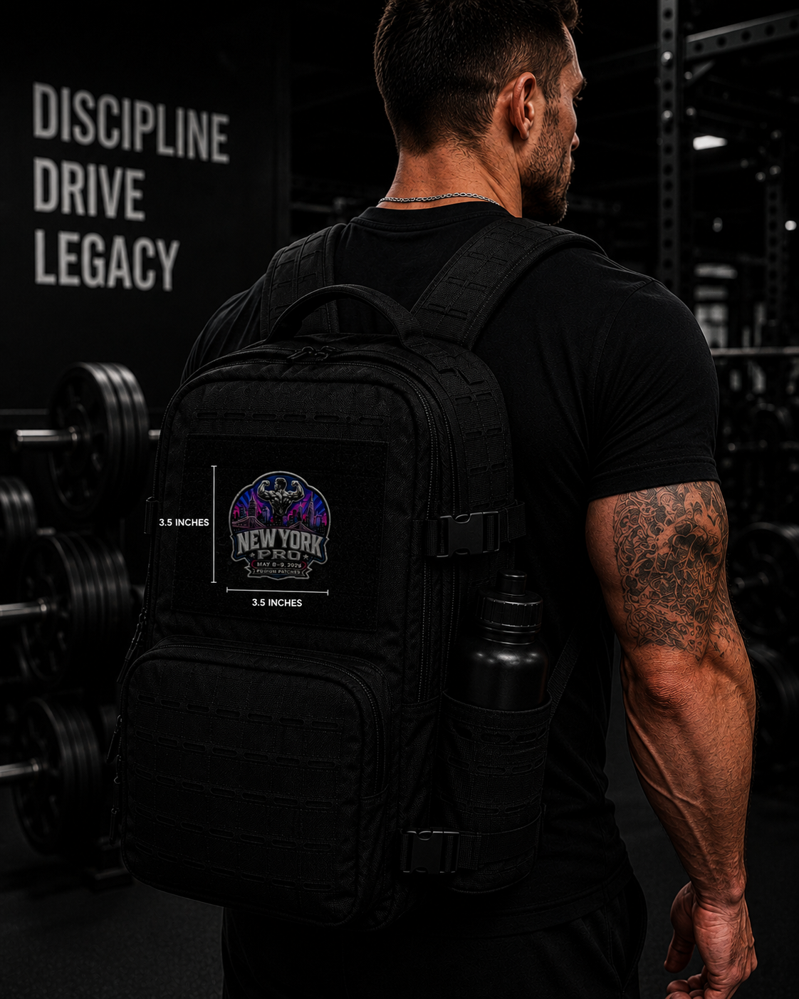 A man in a black t-shirt seen from behind wearing a black tactical backpack with a New York City skyline patch on the front pocket. The setting is a dark gym with weight plates visible in the background.